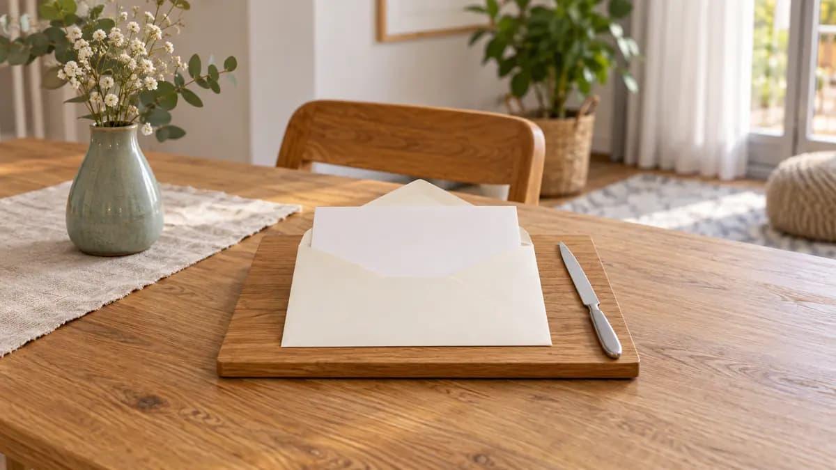 Ein unbeschrifteter Brief steckt in einem offenen Umschlag neben einem Brieföffner auf einer hölzernen Schreibunterlage.