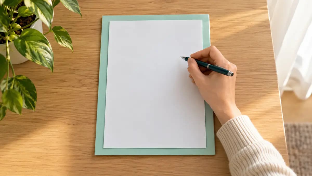 Eine Hand hält einen petrolfarbenen Stift über einem leeren Blatt auf einer mintfarbenen Schreibunterlage.
