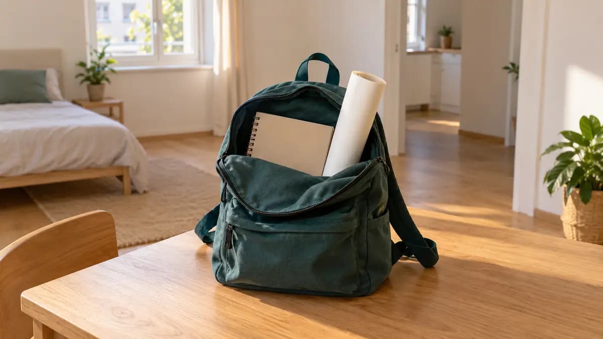 Ein geöffneter petrolfarbener Rucksack steht mit Notizbuch und gerolltem Papier auf einem Holztisch.