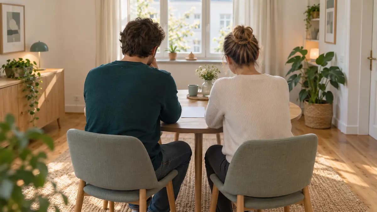 Zwei Personen sitzen von hinten gesehen an einem runden Holztisch mit einem leeren Blatt.