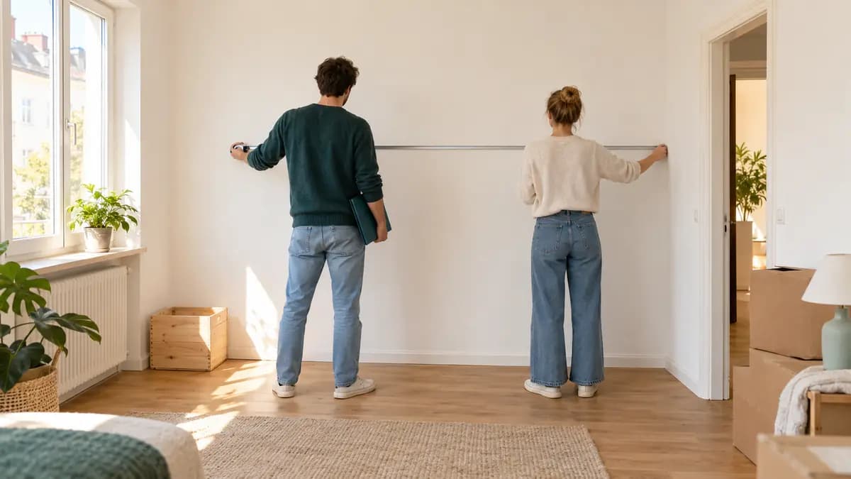 Zwei Personen messen von hinten gesehen eine Zimmerwand mit einem ausgezogenen Metallmaßband, eine trägt eine petrolfarbene Mappe.
