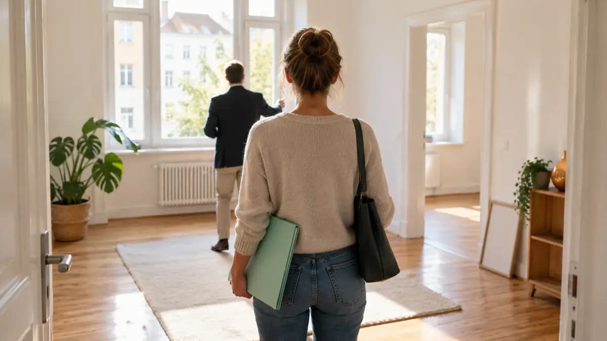 Eine Person hält von hinten gesehen eine mintfarbene Mappe bei einer Wohnungsbesichtigung mit einer weiteren Person am Fenster.