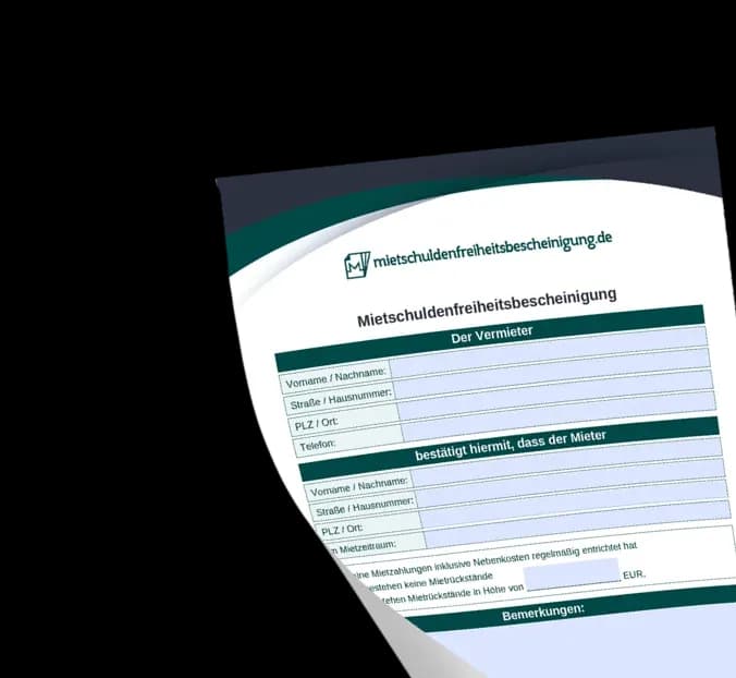 Vollständig ausgefüllte Mietschuldenfreiheitsbescheinigung mit Vermieterangaben als Muster