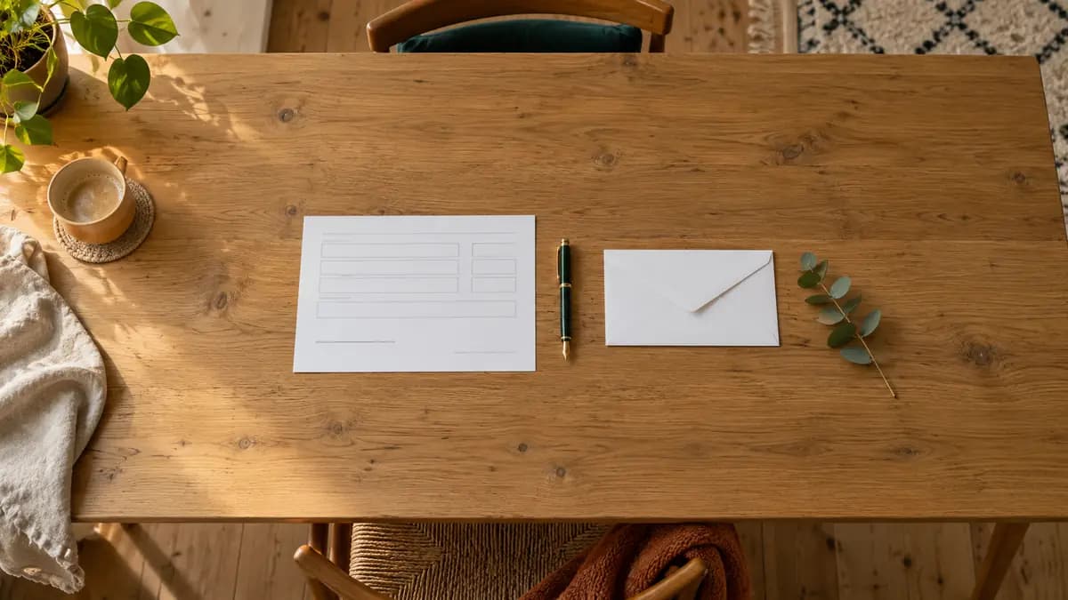Eine unterschriebene einseitige Bescheinigung liegt mit Umschlag auf einem Holztisch