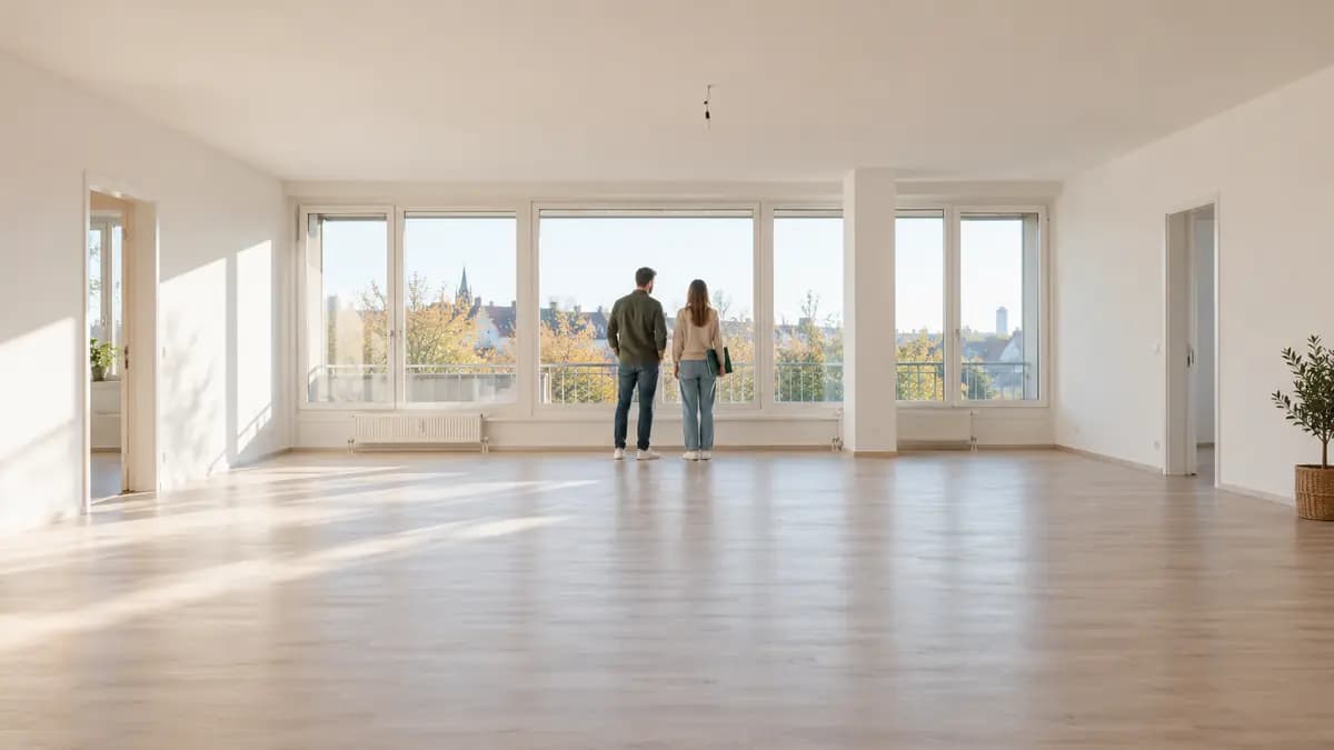 Zwei Menschen besichtigen mit ihrer Bewerbungsmappe eine helle, leere Wohnung