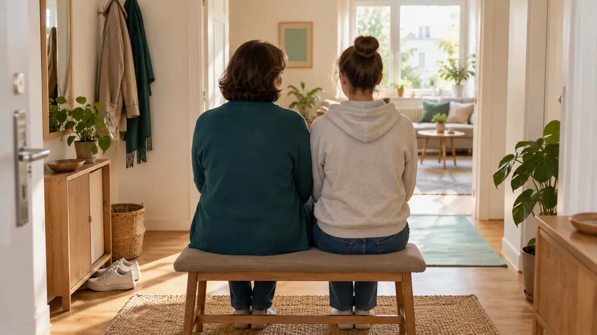 Zwei Personen sitzen mit dem Rücken zur Kamera nebeneinander auf einer Bank im Eingangsbereich einer hellen Wohnung.