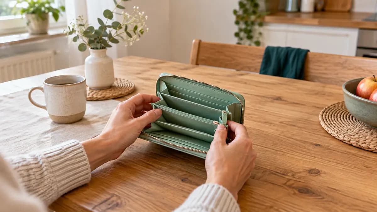 Zwei Hände halten eine geöffnete mintfarbene Geldbörse mit leeren Fächern über einem Holztisch.