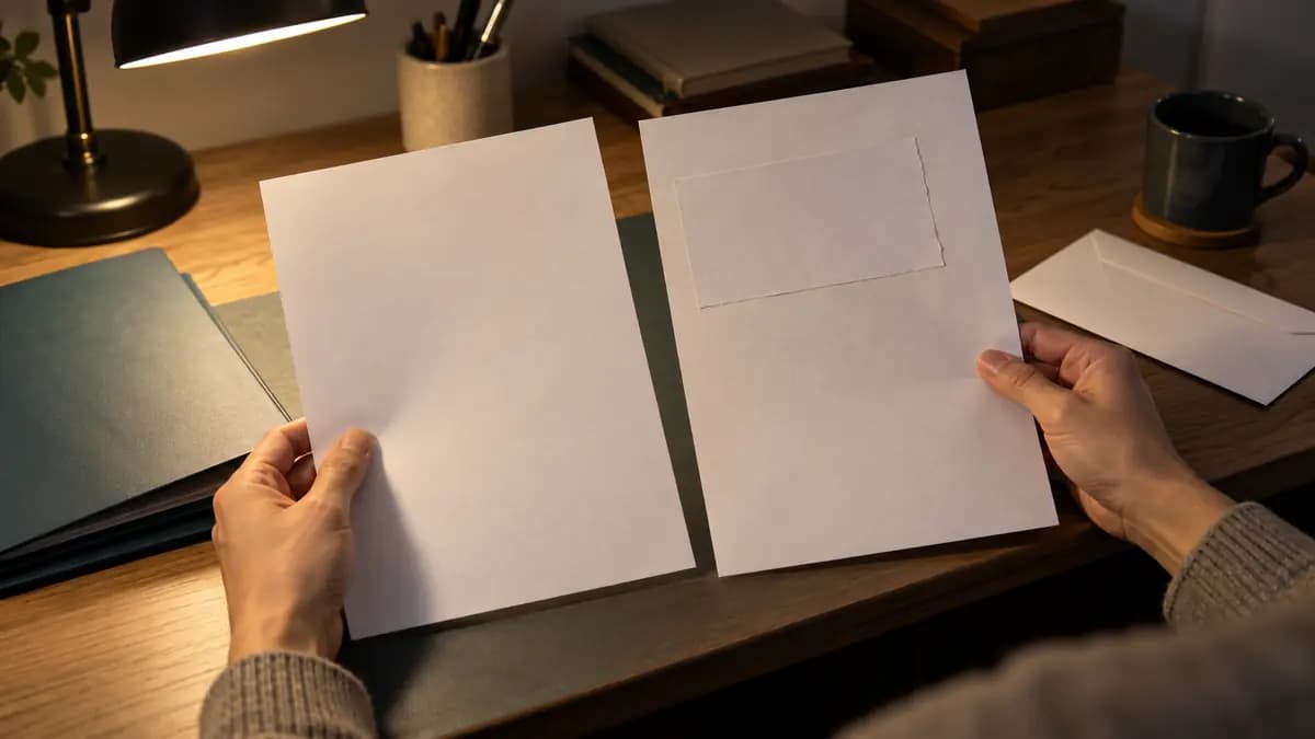 Eine Person vergleicht zwei unbeschriftete Blätter; auf einem ist ein ungleichmäßig aufgeklebtes Papierstück zu sehen.