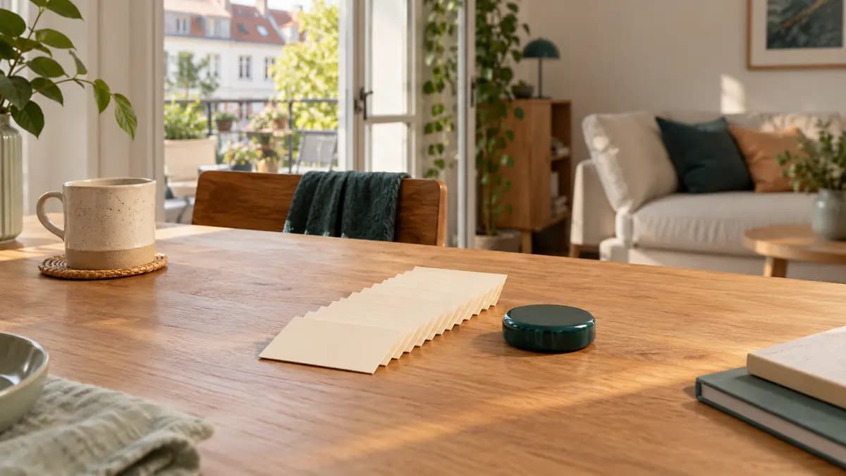 Leere cremefarbene Karten liegen versetzt neben einem petrolfarbenen Briefbeschwerer auf einem Holztisch.