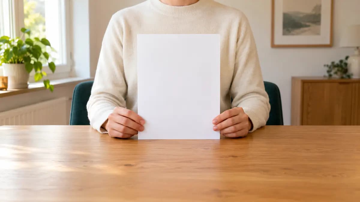 Eine Person im cremefarbenen Pullover hält ein unbeschriftetes Blatt mit beiden Händen an einem Holztisch.