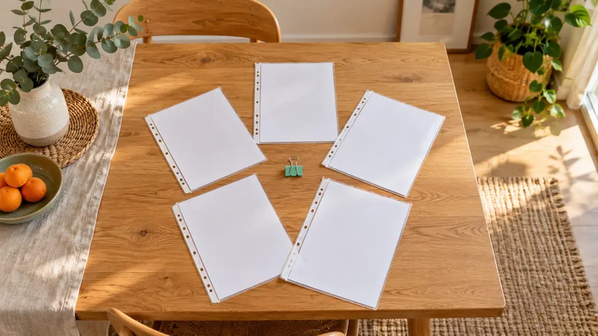 Fünf unbeschriftete Dokumentenhüllen sind um eine mintfarbene Klammer auf einem Holztisch angeordnet.