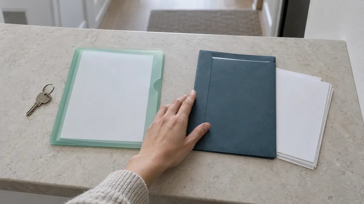 Eine Hand trennt zwei verschiedenfarbige Dokumentenmappen mit unbeschrifteten Blättern auf einer hellen Ablagefläche.
