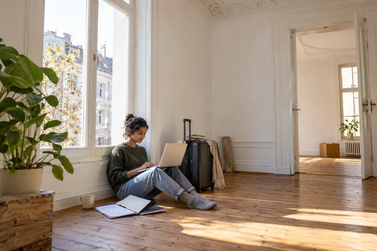 Junge Frau sitzt mit Laptop und Koffer am Fenster eines leeren, hellen Altbauzimmers