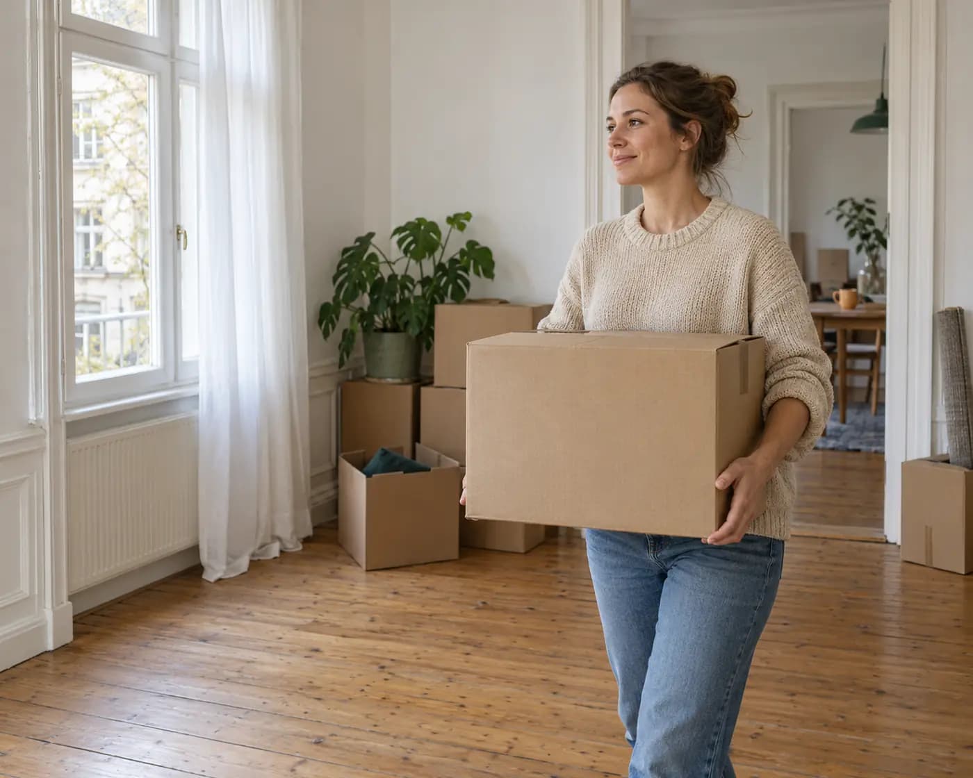 Junge Frau trägt einen Umzugskarton durch eine helle Altbauwohnung