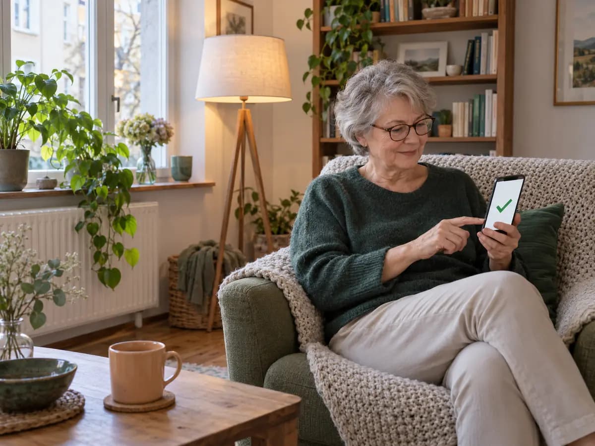 Eine Vermieterin bestätigt zu Hause auf ihrem Handy die Angaben ihres Mieters